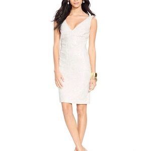 LAUREN RALPH LAUREN EVENING WHITE FLORAL SEQUIN LACE SLEEVELESS SHEATH DRESS